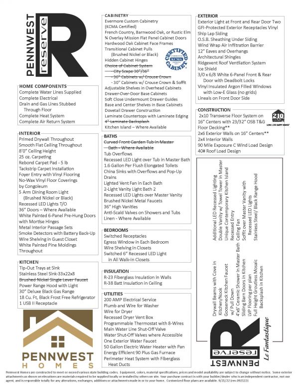 Pennwest Reserve Le Fantastique Standard Features