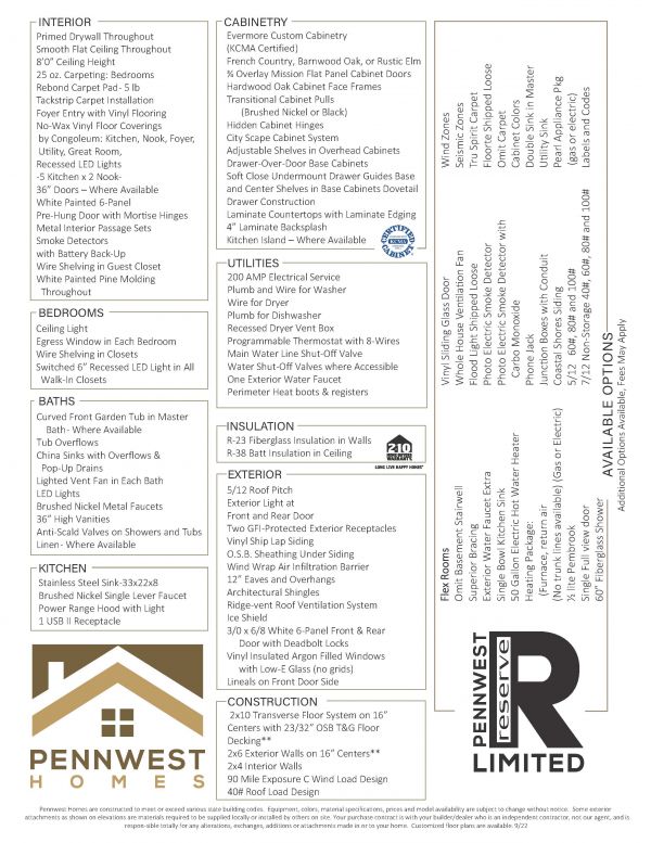 Pennwest Reserve Limited Standard Features