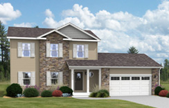 A stone and brown vinyl home under a cloudy sky with a large white garage.